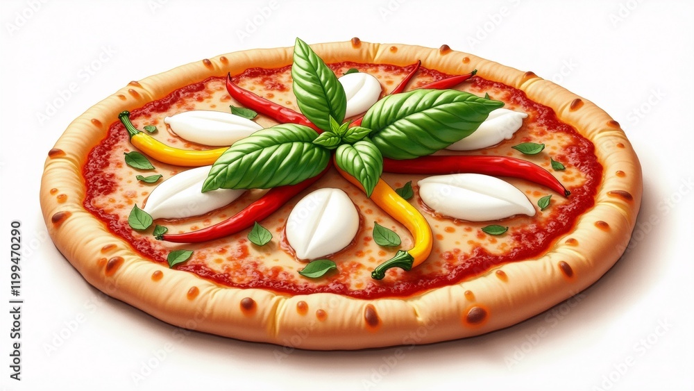 Poster the image is a digital illustration of a pizza. the pizza is round and has a golden crust. it is top
