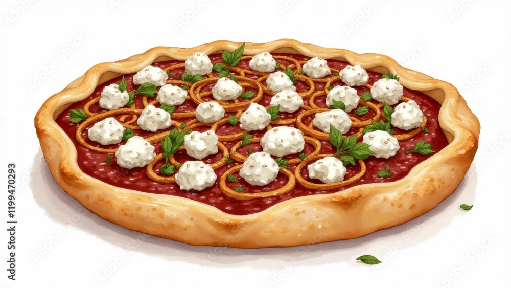 Poster the image is a digital illustration of a pizza. the pizza has a golden brown crust and is topped wit