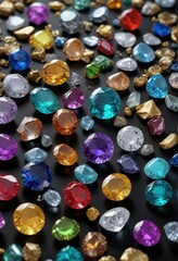 A collection of rare and precious gemstones scattered on a black background with gold and silver swirls, opulent, black swirly background