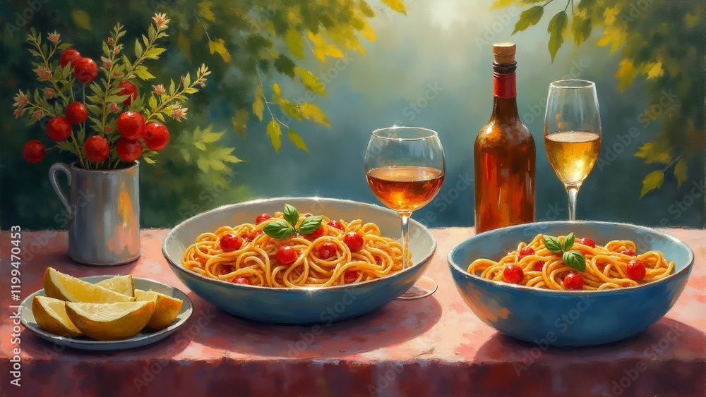 Poster the image is a painting of a table setting with two bowls of spaghetti and two glasses of wine.