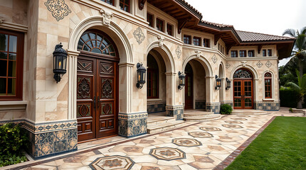 Obraz premium Mediterranean Mansion: Luxurious Home Exterior with Stone Facade and Elegant Design