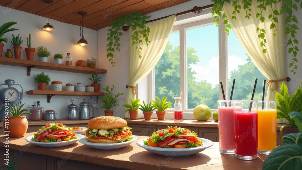 Poster the image shows a kitchen with a large window on the right side. the window has white curtains and i