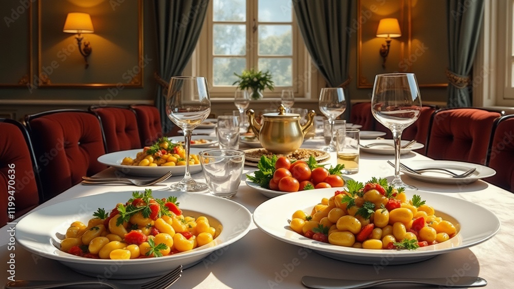 Poster the image shows a dining table set up for a meal in a luxurious dining room. the table is covered wi