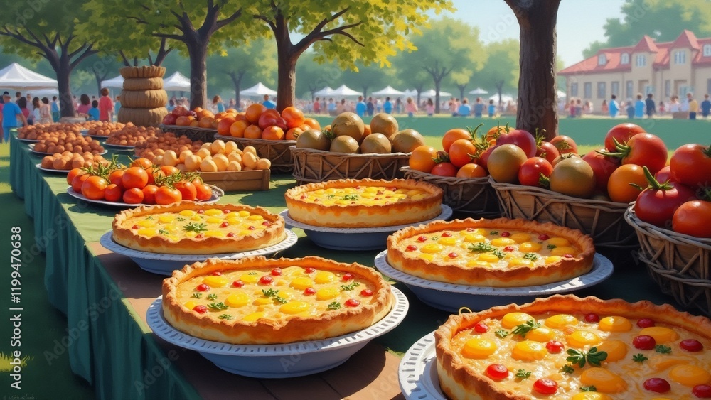 Poster the image shows a long table with multiple pies on it. the table is covered with a green tablecloth 