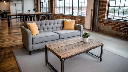Fototapeta premium Industrial Chic Warehouse Conversion Cozy living room with a gray sofa and rustic coffee table.