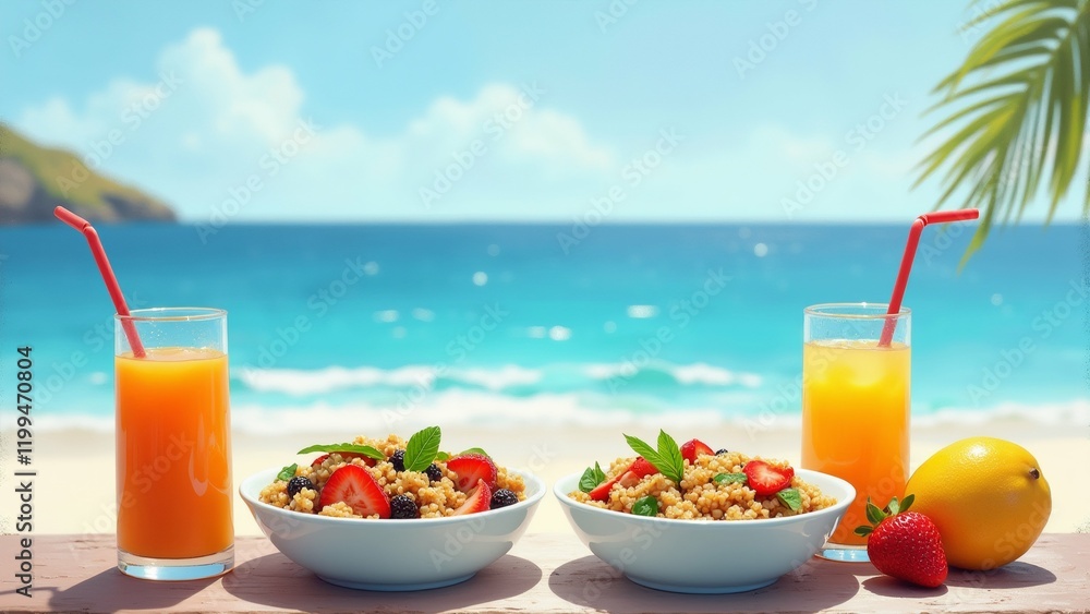 Poster the image shows two bowls of food on a wooden table with a beautiful view of the ocean and a palm tr