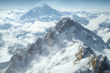 Fototapeta premium Majestic snow-capped peaks pierce a sea of clouds, a breathtaking high-altitude panorama.
