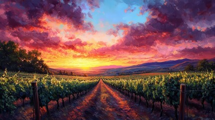 Naklejka premium A vibrant sunset over lush vineyards, with rows of grapevines leading toward a colorful sky filled with dramatic clouds.