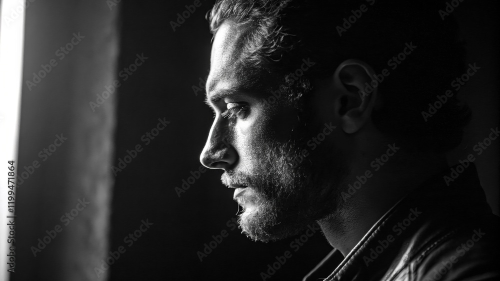 Poster a mans profile captured in dim lighting where a strong light source from the side accentuates the sh