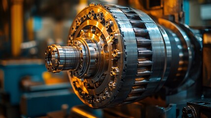 Obraz premium Close-up of CNC metal machine tools in action, showcasing precision manufacturing and intricate metalworking processes in an industrial setting.