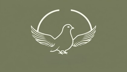 Obraz premium A minimalist design featuring a bird in flight within a circular frame against a muted green background, representing freedom and peace