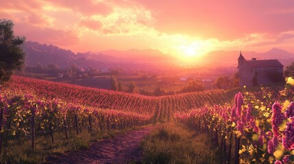 Fototapeta premium A vibrant sunset over a blooming vineyard, with colorful flowers lining the path and rolling hills in the background, creating a serene and picturesque landscape.