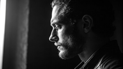 A mans profile captured in dim lighting where a strong light source from the side accentuates the sharp angles of his chin and the curve of his nostrils creating a dramatic