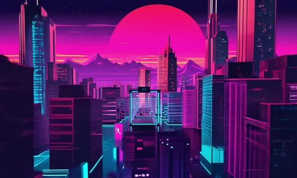 A large city built on a glass planet, with glowing streets, hovering cars, and large neon signs in a cyberpunk aesthetic. The city glows under a neon-lit sky, 4k Animation Video
