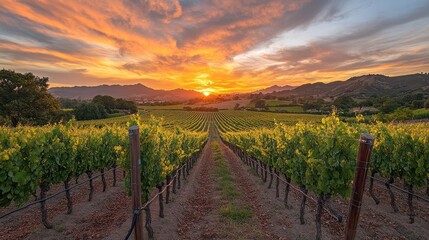 Fototapeta premium A picturesque vineyard at sunset, showcasing rows of grapevines with a vibrant sky in the background.