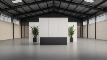 Fototapeta premium Industrial Chic Warehouse Conversion Modern interior with plants and minimalistic design elements.