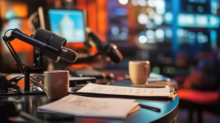 Studio microphones, papers, and coffee cups on a desk.