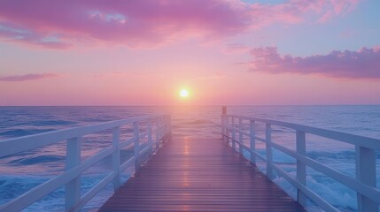 Obraz premium A serene sunset view from a wooden pier extending over calm waters, bathed in soft pink and purple hues, creating a tranquil atmosphere.