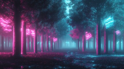 Obraz premium Enchanting Neon Forest Path Pink Blue Glowing Trees Mystical Night Scene