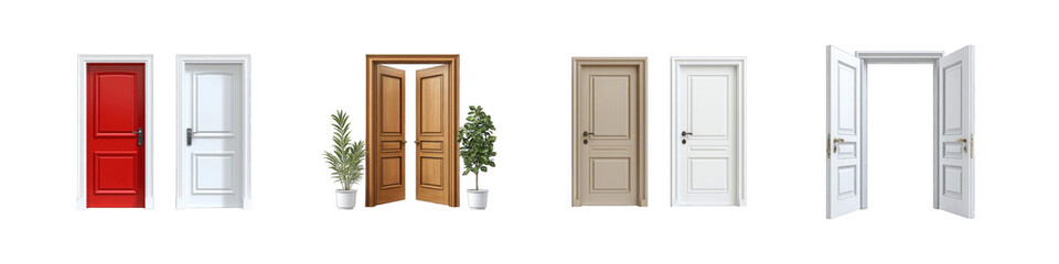 Collection of different door designs with plants and openings isolated on transparent background, PNG