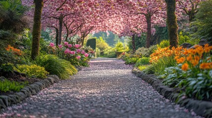 A serene garden path lined with vibrant flowers and blooming cherry trees, creating a picturesque and tranquil atmosphere.