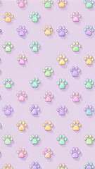 Colorful pastel paw print pattern on light purple background