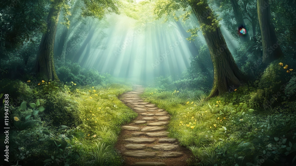 Poster a serene forest scene with a winding path illuminated by soft sunlight filtering through lush green 