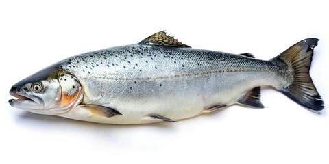 Fototapeta premium A lone salmon lies on a white background, its scales glistening in the faint light, as it secretes a trail of slimy mucus behind it, isolated, scale, flesh, aquatic life, fish