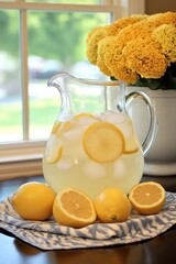 Refreshing lemonade pitcher with ice and lemon slices, bright ye