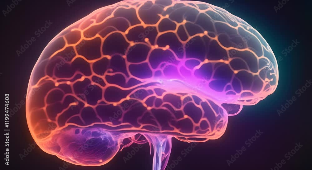 Poster neon glowing brain with illuminated neural pathways on dark background futuristic brain activity con