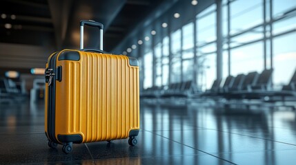 Bright yellow suitcase standing alone on polished airport floor with empty seating area in background