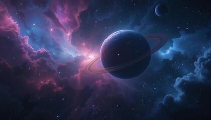 Obraz premium Cosmic Ringed Planet in a Nebula