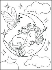 Illustration of a cute unicorn cartoon character. Black and white Printable Unicorn coloring page for kids.