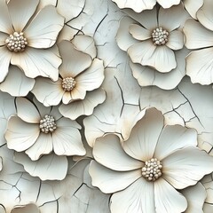 Obraz premium A 3D floral pattern where petals look like layers of aged, cracked porcelain . Seamless abstract 3d pattern background