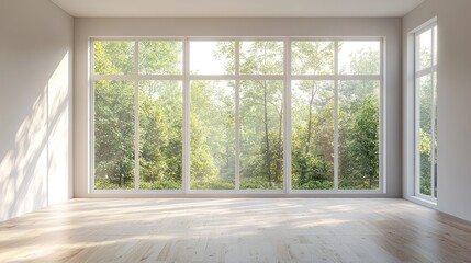 Sunlight streams into empty room with large window overlooking lush green trees.