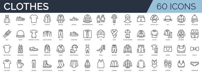 Set of 60 outline icons related to clothes. Linear icon collection. Editable stroke. Vector illustration	
