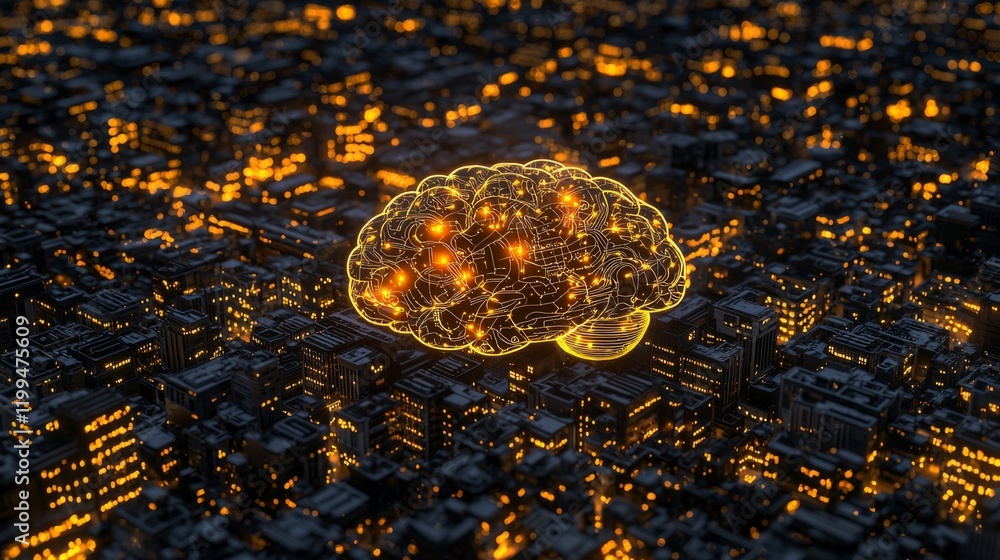 Poster futuristic cityscape with illuminated neural network brain ai concept