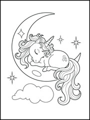 Illustration of a cute unicorn cartoon character. Black and white Printable Unicorn coloring page for kids.