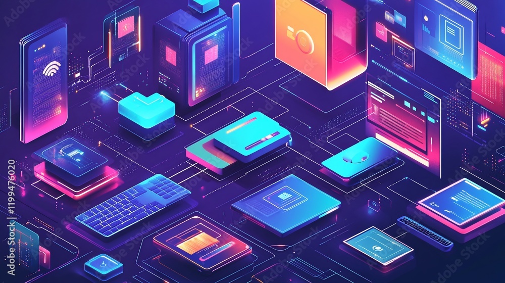 Poster futuristic digital ecosystem: a vibrant isometric illustration showcasing interconnected devices and