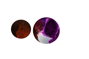 Two Planets for use in your photos or art images. Made from liquid art using water, paint, soap, oil and inks. Macro photos. Various colors and textures. Resize to add in your photographs or art.