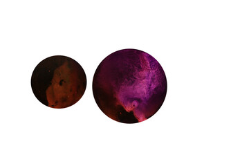 Two Planets for use in your photos or art images. Made from liquid art using water, paint, soap, oil and inks. Macro photos. Various colors and textures. Resize to add in your photographs or art.