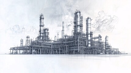 Fototapeta premium Minimalistic line art of an oil refinery plant and industrial structures, with the sky drawn separately, symbolizing the oil and gas industry.
