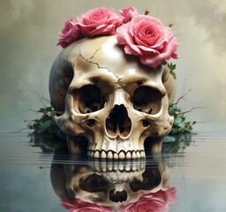 Illustration of human skull with roses.