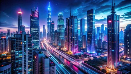 Fototapeta premium A mesmerizing cityscape at night with towering skyscrapers, neon lights, and bustling streets filled with futuristic vehicles, urban, neon, modern, anime city