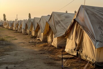 Multiple tents provide temporary shelter for refugees in a refugee camp, offering protection and a place to call home