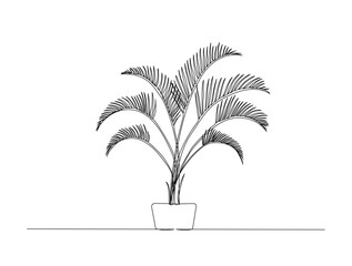Continuous one line drawing of palm plant for indoor. Palm plant in the pot single outline vector illustration. Editable stroke.
