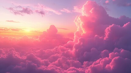 A breathtaking sunset illuminates soft pink clouds, creating a serene and dreamy atmosphere in the sky.