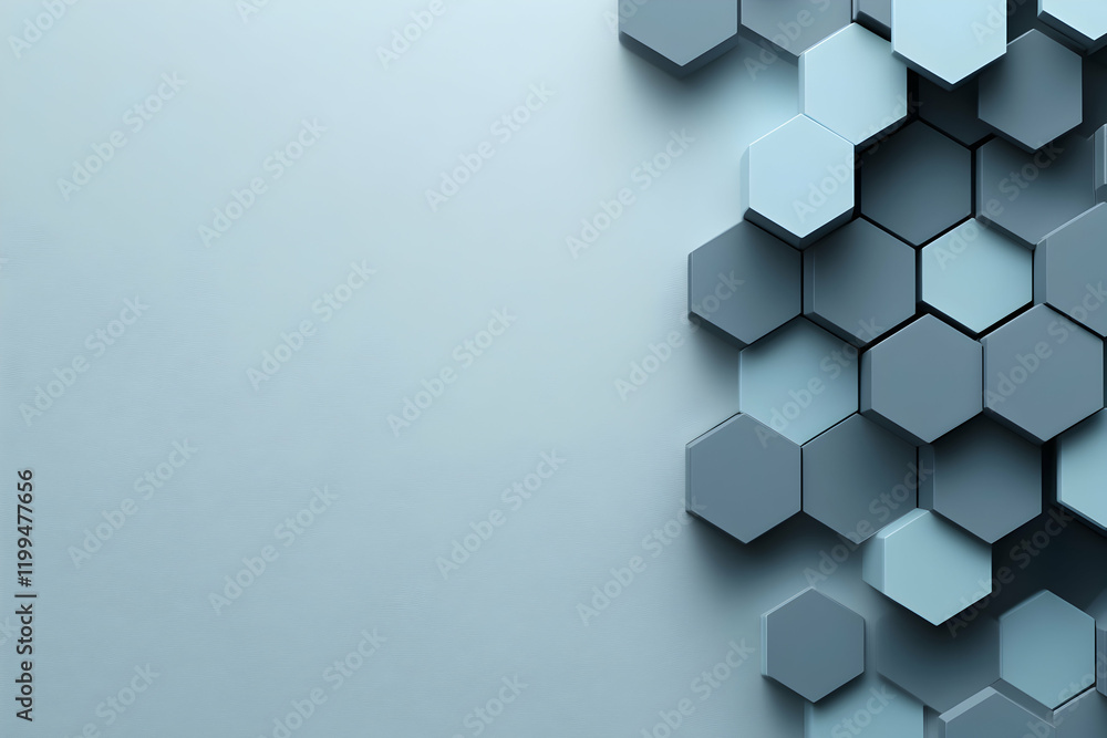 Poster abstract background with a cluster of 3d hexagonal shapes in shades of blue and gray against a light