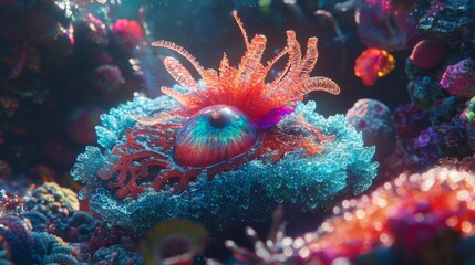 Obraz premium Vibrant Surreal Underwater Scene with Glowing Eye and Coral Reef Fantasy Art