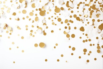 Gold Foil Confetti on White Background for Festive Celebration and Holidays. Abstract Glitter Backdrop for Birthday, Christmas, Carnival